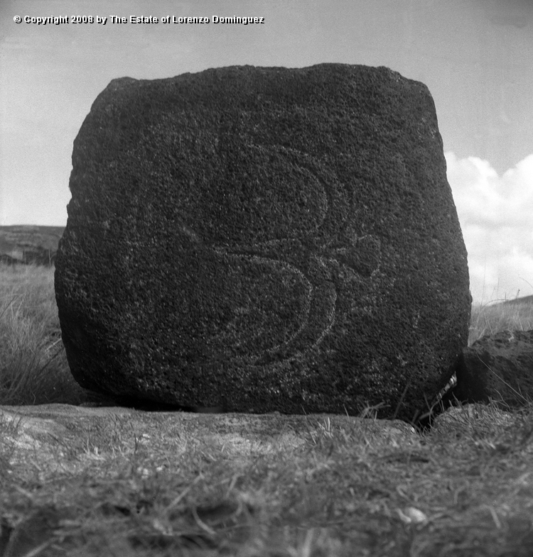 ANA_Pajaro_En_Vuelo_07.jpg - Easter Island. 1960. Anakena. Petroglyph over the paenga of an ahu representing a flying bird.